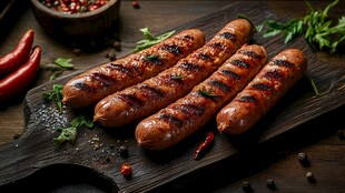 香烤香肠摆于木盘上