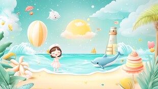 女孩在夏日梦幻海滩玩耍