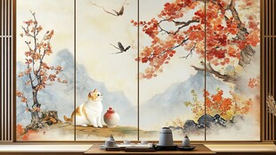 中式屏风前的猫咪静憩图