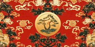 中式红底松鹤祥云吉祥图案