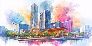 水彩绘就的繁华都市景观
