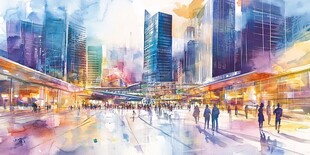 水彩绘就的繁华都市景象