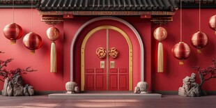 中式红门挂灯笼迎新春