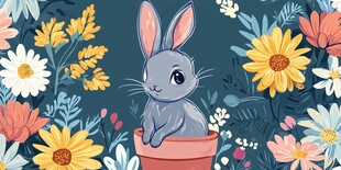 花盆中的萌兔与多彩花卉