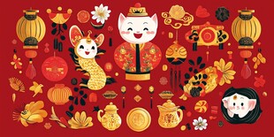 喜庆新春萌宠贺岁插画