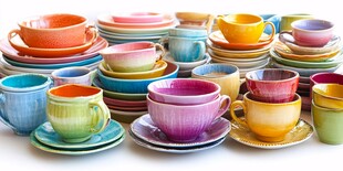 多彩杯碟堆叠的视觉盛宴