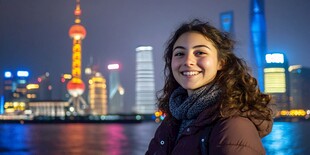 外滩前微笑的卷发女子