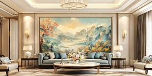 奢华客厅中的山水艺术壁画