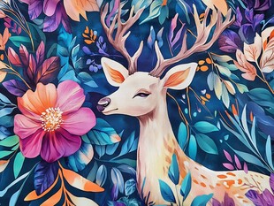 梦幻花卉中的优雅小鹿