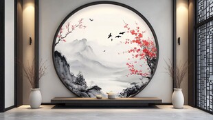中式客厅圆形山水花鸟挂画