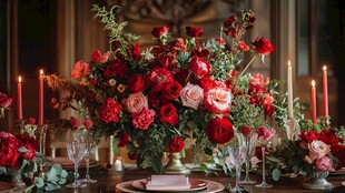 浪漫红粉花卉餐桌布置