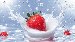 草莓跃入牛奶的美妙瞬间