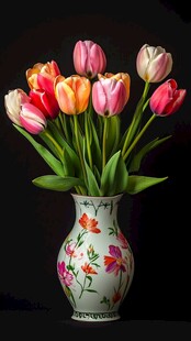 花瓶中多彩郁金香绽放