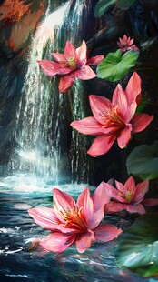 瀑布旁绽放的艳丽红荷