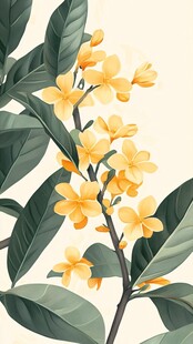 黄色花朵绿叶插画特写