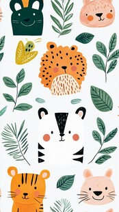 可爱动物与绿植卡通图案