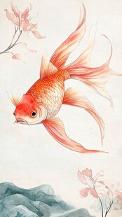 水墨金鲤戏花图