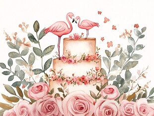 火烈鸟花卉装饰的浪漫蛋糕