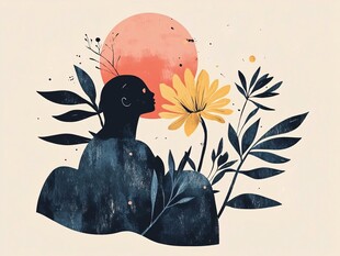 夕阳下的人物与花卉剪影