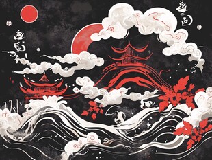 中式古风山水楼阁插画