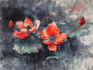 水墨绘就的艳丽红荷