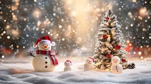 圣诞雪景中的雪人圣诞树