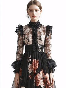 浪漫花卉蕾丝长袖连衣裙