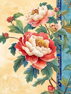 国色牡丹中式花卉插画