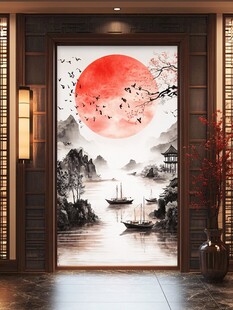中式玄关红日山水意境画