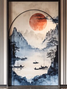 中式山水红日屏风画