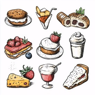 手绘美味多样甜点集合