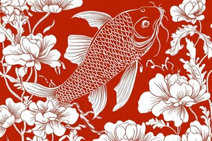 红底白纹锦鲤花卉图案
