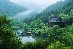 山间湖畔中式亭阁美景