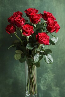 红玫瑰插于玻璃花瓶中
