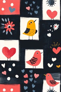 可爱小鸟爱心花卉图案