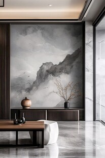 新中式客厅的山水意境墙