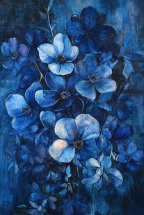 蓝色花卉艺术绘画作品