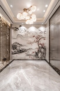 中式典雅玄关 山水壁画空间