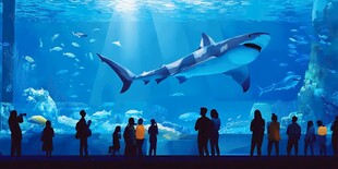 人们观赏水族馆中鲨鱼景象