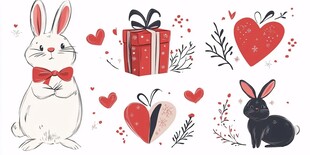 可爱兔子与爱心礼物插画