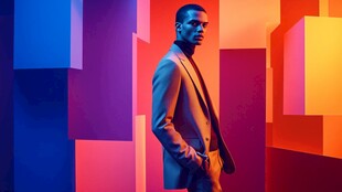 时尚男士于多彩几何背景前