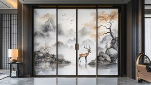 中式山水鹿景移门装饰