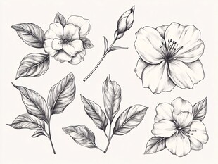 手绘花卉与叶片素材图