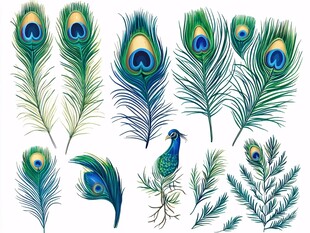 孔雀羽毛与绿植插画素材