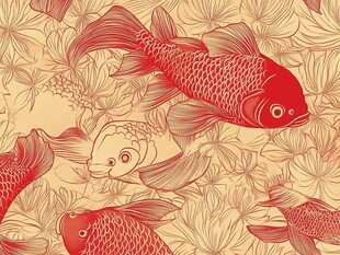 锦鲤游弋于繁花背景中