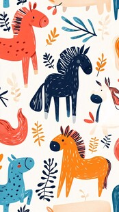 可爱卡通马与植物图案