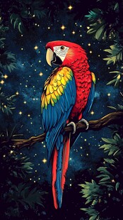 夜中彩鹦鹉栖于枝间