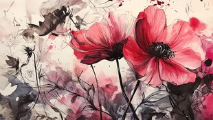 水墨风绽放的艳丽红罂粟