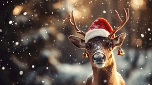 圣诞小鹿戴帽迎雪景