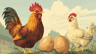 田园中公鸡母鸡与鸡蛋